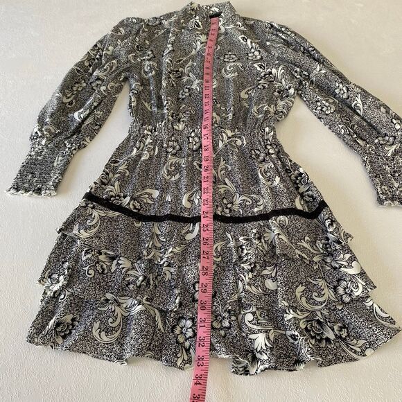 Forever 21 Black White Floral Ruffle Mini Dress • Long Sleeve • Smocked Waist • - Picture 6 of 7